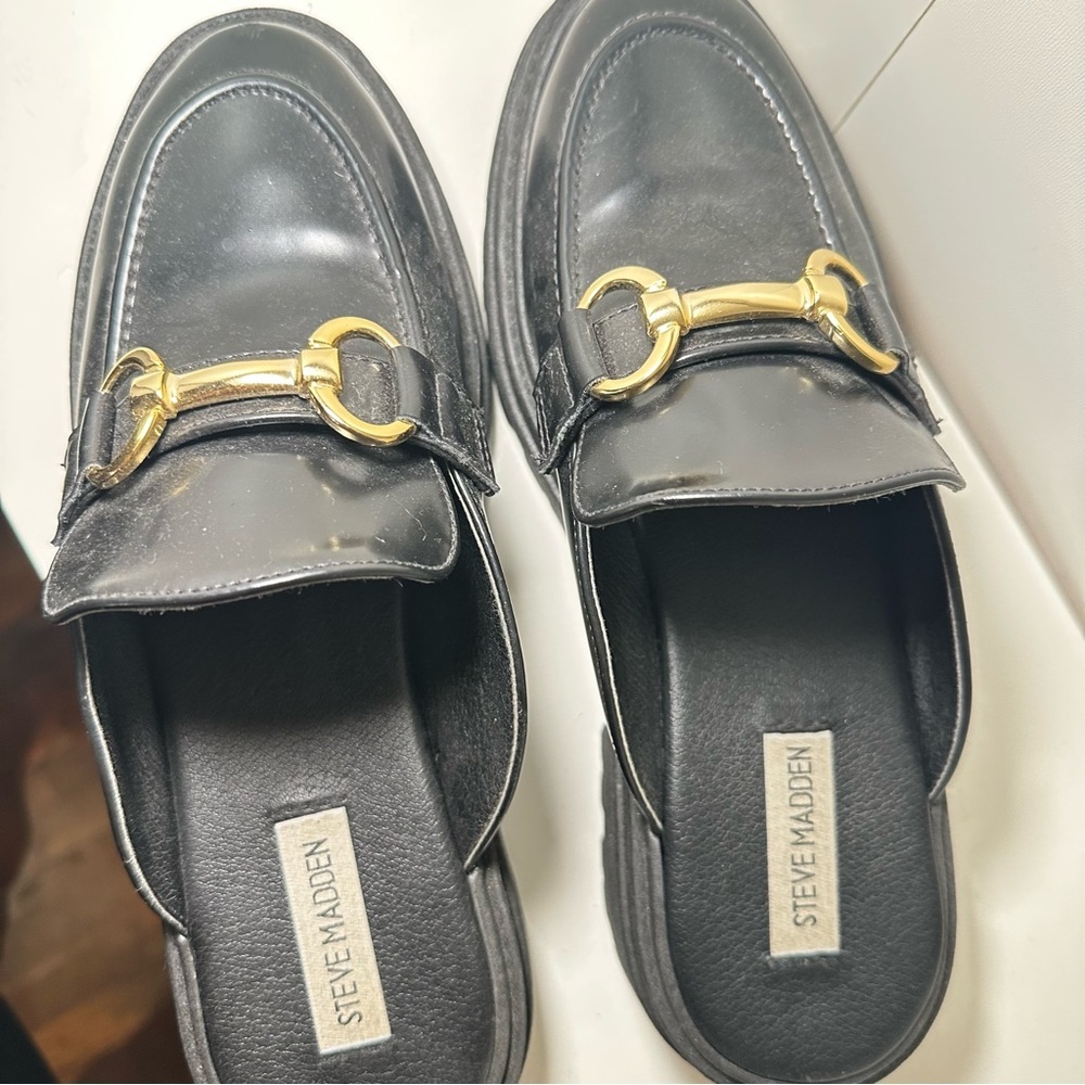 Steve Madden Black Mules with Gold Accents - Picture 6 of 9